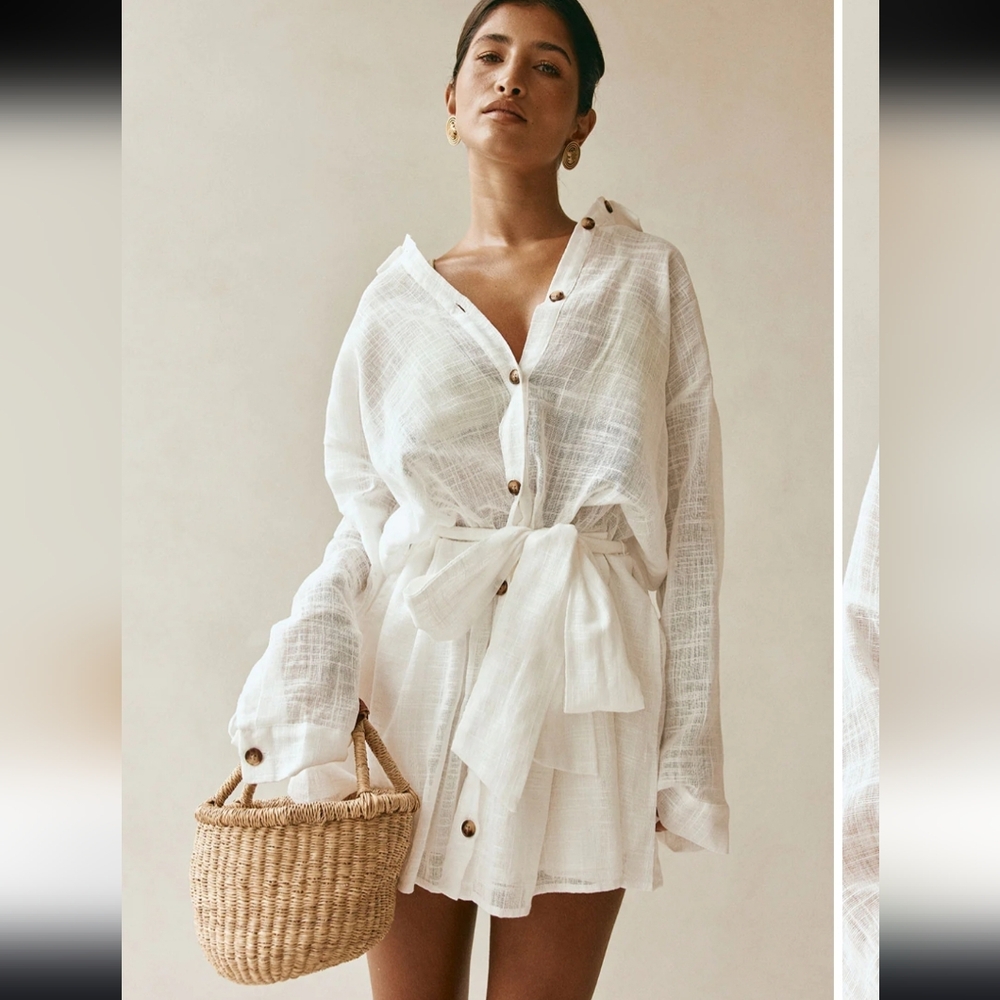White Long Sleeve Button-Front Tie-Waist Dress